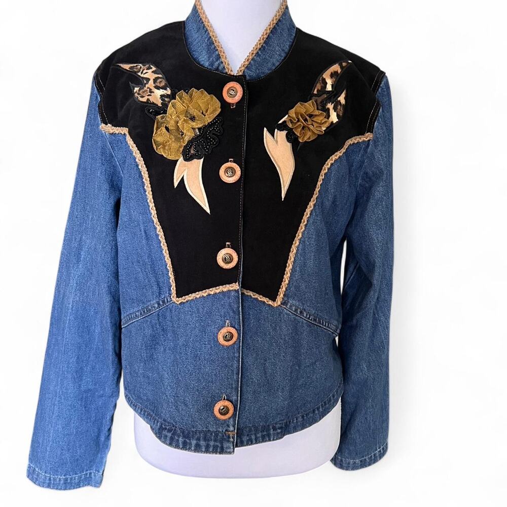 Vintage 90s Nancy Bolen City Girl Western Denim Suede Jacket Cowgirl Rodeo 8 (M)
